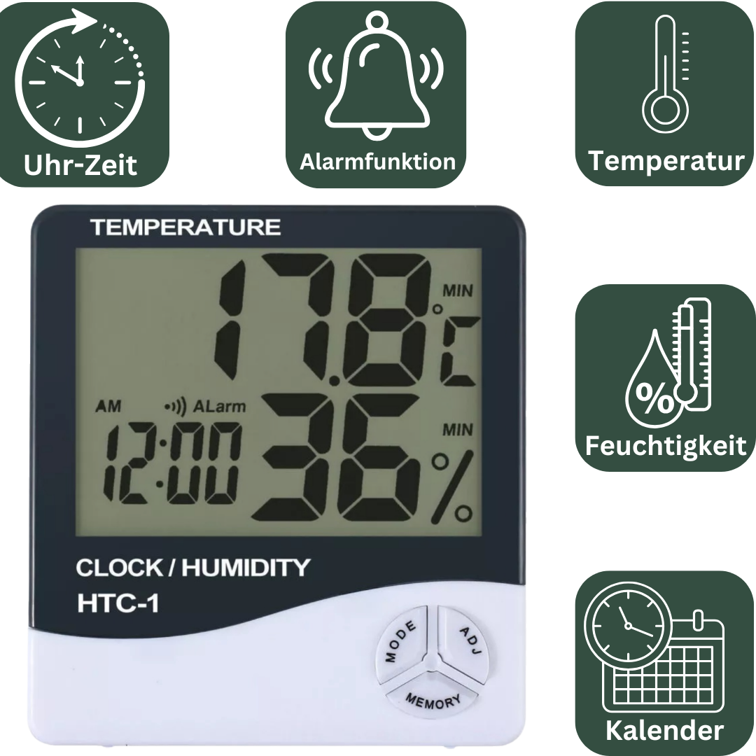 Präzise Messung: Exakte Anzeige von Temperatur und Luftfeuchtigkeit für gesundes Pflanzenwachstum.
Min/Max-Funktion: Speichert die minimalen und maximalen Werte, ideal für die Überwachung der Anbaubedingungen.
Vielseitig: Optimal für den Einsatz in Growboxen, Zuchtzelten und Indoor-Gärten.
Einfache Handhabung: Nutzung als Tischgerät oder zur Wandmontage für maximale Flexibilität.
Vollausstattung: Integrierte Uhr- und Kalenderfunktion sowie Alarm für rechtzeitige Anpassungen.
Batterie inklusive: Eine 1,5V AA