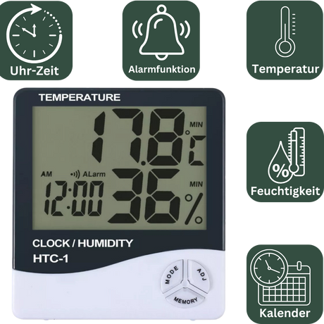 Präzise Messung: Exakte Anzeige von Temperatur und Luftfeuchtigkeit für gesundes Pflanzenwachstum.
Min/Max-Funktion: Speichert die minimalen und maximalen Werte, ideal für die Überwachung der Anbaubedingungen.
Vielseitig: Optimal für den Einsatz in Growboxen, Zuchtzelten und Indoor-Gärten.
Einfache Handhabung: Nutzung als Tischgerät oder zur Wandmontage für maximale Flexibilität.
Vollausstattung: Integrierte Uhr- und Kalenderfunktion sowie Alarm für rechtzeitige Anpassungen.
Batterie inklusive: Eine 1,5V AA