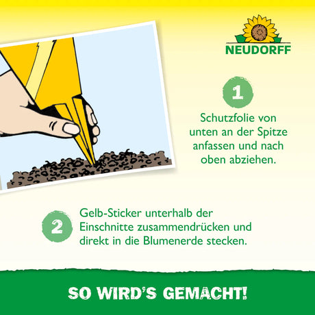 Schritt-für-Schritt Anleitung zur Anwendung des Neudorff Gelb-Stickers im Blumentopf