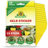 Produktverpackung der Neudorff Gelb-Sticker mit Hinweis auf 10 Sticker zur Schädlingsbekämpfung