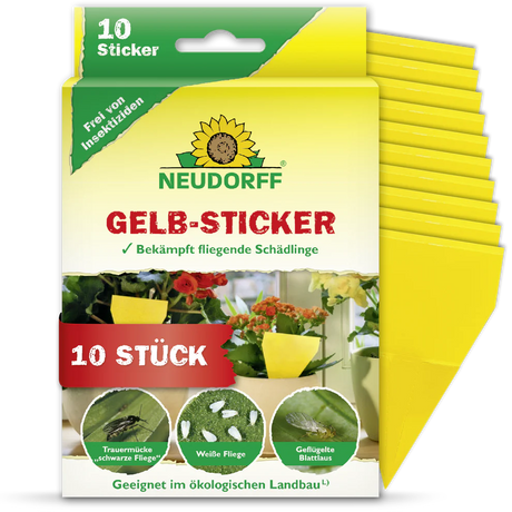 Produktverpackung der Neudorff Gelb-Sticker mit Hinweis auf 10 Sticker zur Schädlingsbekämpfung