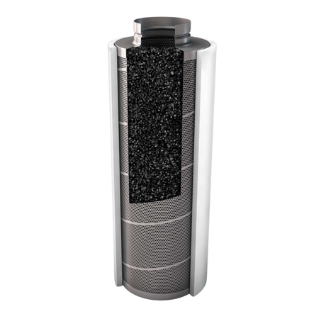 Schnittansicht des Prima Klima Coco Aktivkohlefilters mit Kokos-Aktivkohle und Metallgehäuse