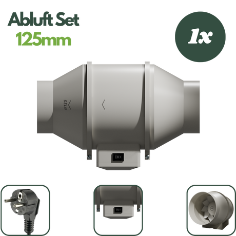 Zweistufiger Caluma Axiallüfter mit 125-mm-Anschlüssen, Netzstecker und Ein-Aus-Schalter