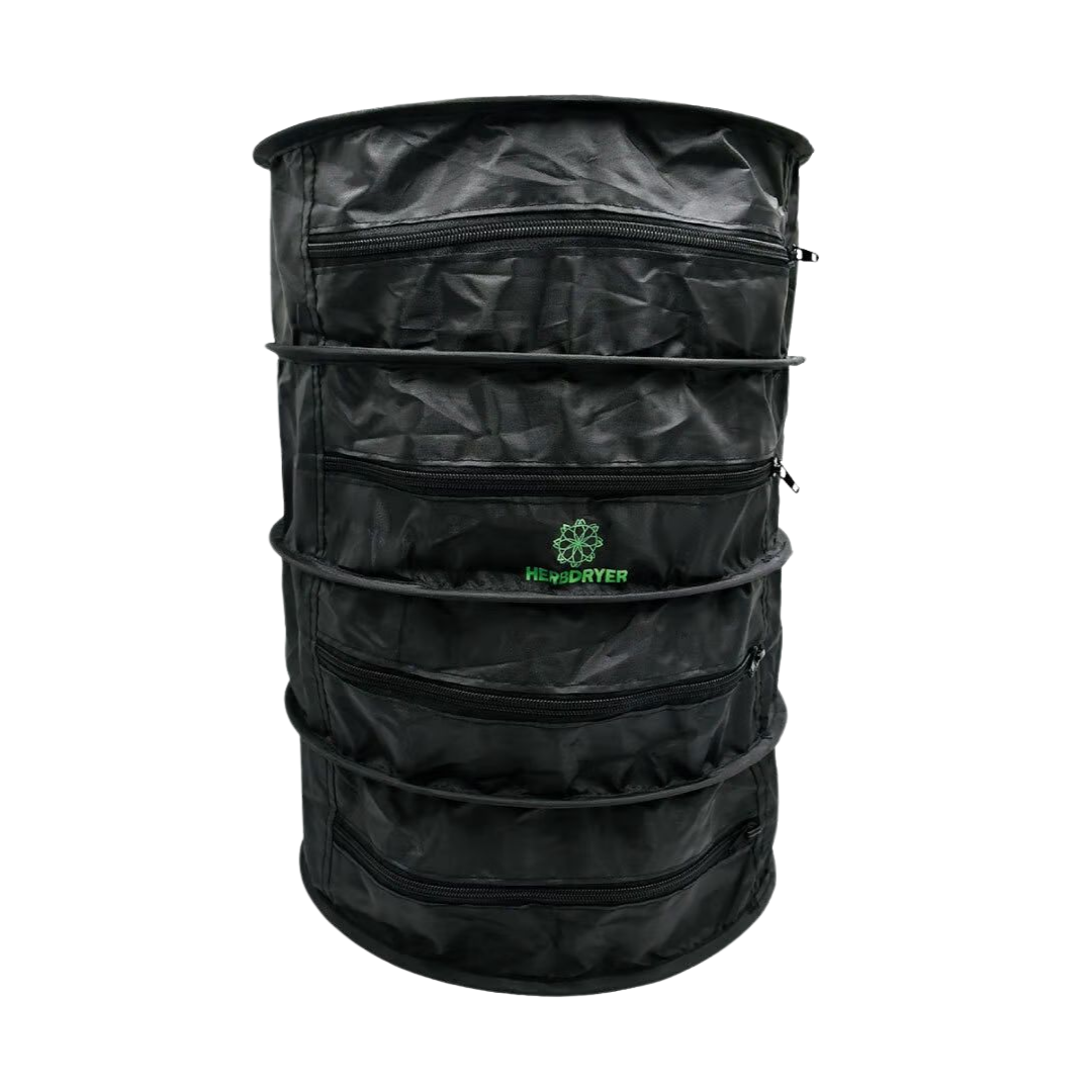 Frontalansicht des HerbDryer Regular – 4 Ebenen mit Reißverschlüssen für gleichmäßige Kräutertrocknung