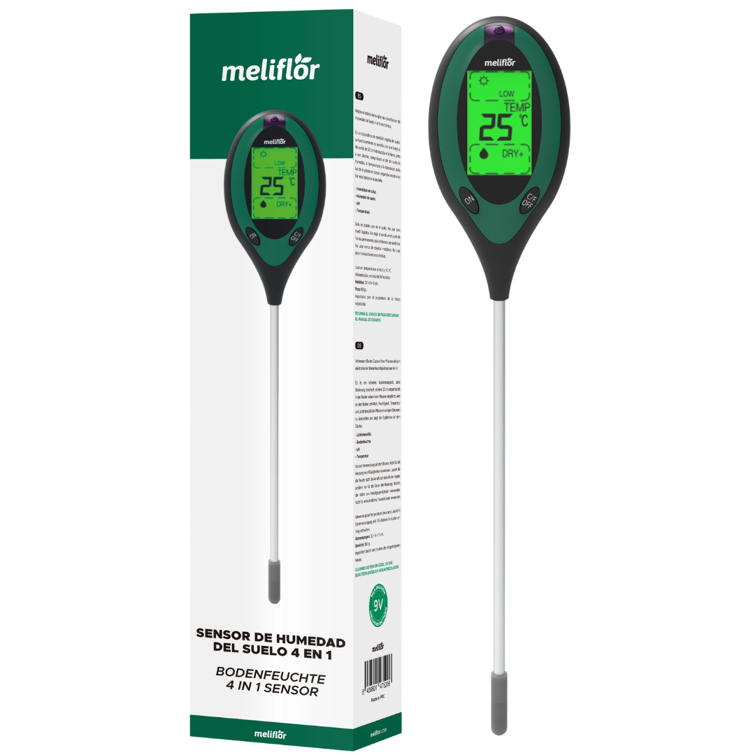 Meliflor 4-in-1 Bodenmessgerät mit Verpackung – digitaler Feuchtigkeitsmesser für Boden, pH-Wert, Temperatur und Licht