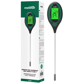 Meliflor 4-in-1 Bodenmessgerät mit Verpackung – digitaler Feuchtigkeitsmesser für Boden, pH-Wert, Temperatur und Licht