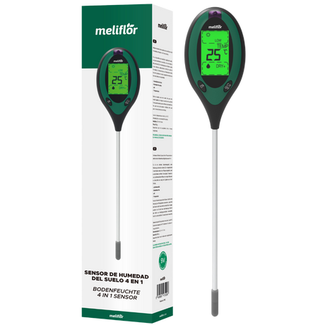 Meliflor 4-in-1 Bodenmessgerät mit Verpackung – digitaler Feuchtigkeitsmesser für Boden, pH-Wert, Temperatur und Licht