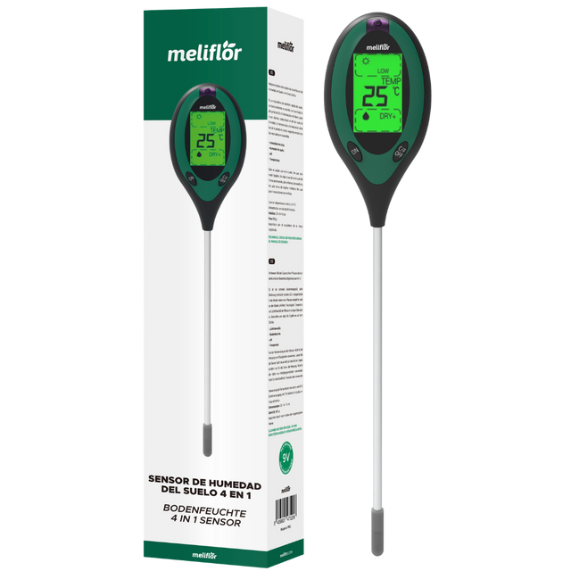 Meliflor 4-in-1 Bodenmessgerät mit Verpackung – digitaler Feuchtigkeitsmesser für Boden, pH-Wert, Temperatur und Licht