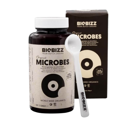 Set bestehend aus Biobizz Microbes Dose, Produktverpackung und Dosierlöffel – perfekt für organisches Gärtnern.