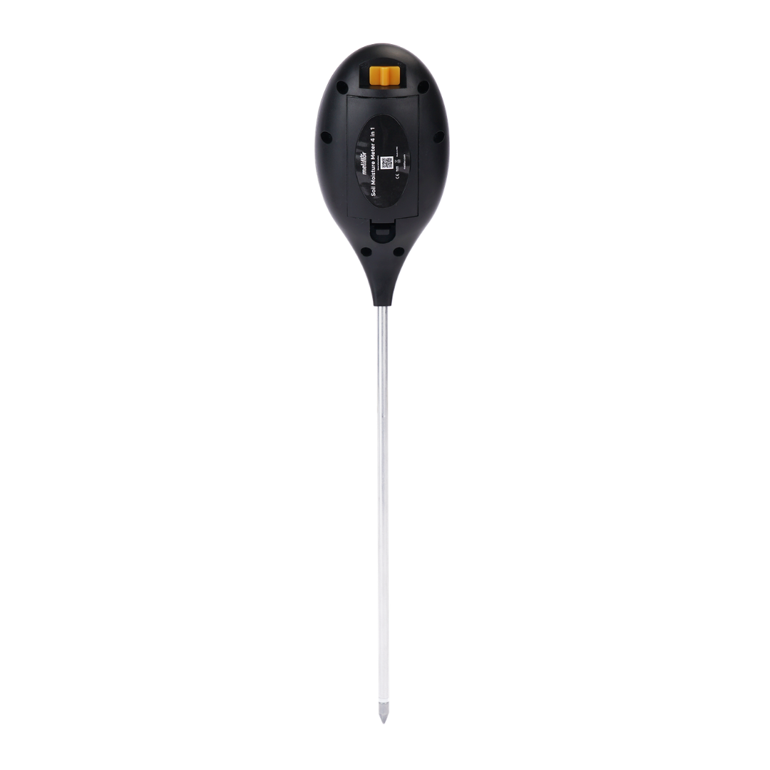 Rückseite des Meliflor 4-in-1 Bodenmessgeräts mit Batteriefach und Modusschalter – tragbarer Bodenfeuchtigkeitsmesser