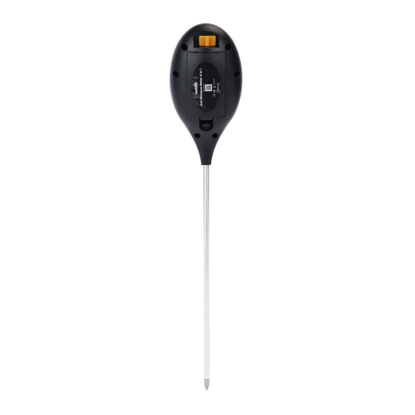 Rückseite des Meliflor 4-in-1 Bodenmessgeräts mit Batteriefach und Modusschalter – tragbarer Bodenfeuchtigkeitsmesser