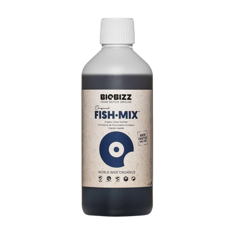 Freigestelltes Produktbild von Biobizz Fish-Mix 500ml auf weißem Hintergrund.
