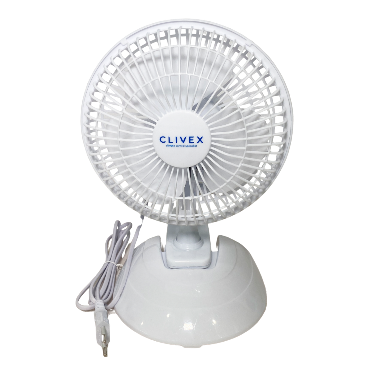 Weißer Clivex Clip-Ventilator mit Standfuß in seitlicher Ansicht