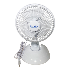 Weißer Clivex Clip-Ventilator mit Standfuß in seitlicher Ansicht