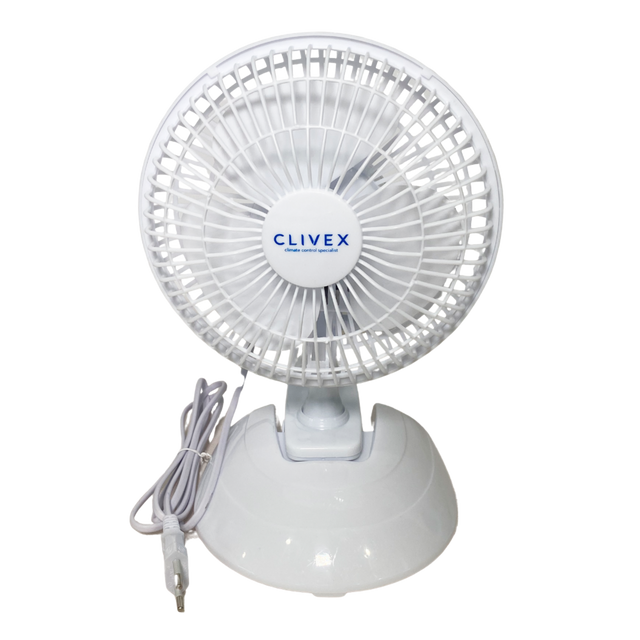Weißer Clivex Clip-Ventilator mit Standfuß in seitlicher Ansicht