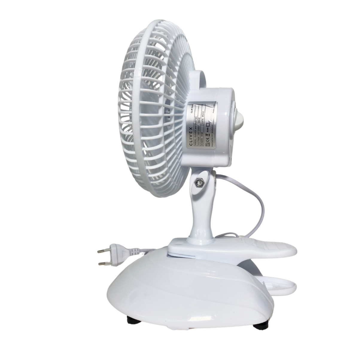 Rückansicht des weißen Clivex Clip-Ventilators mit Befestigungsclip und Standfuß