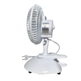 Rückansicht des weißen Clivex Clip-Ventilators mit Befestigungsclip und Standfuß