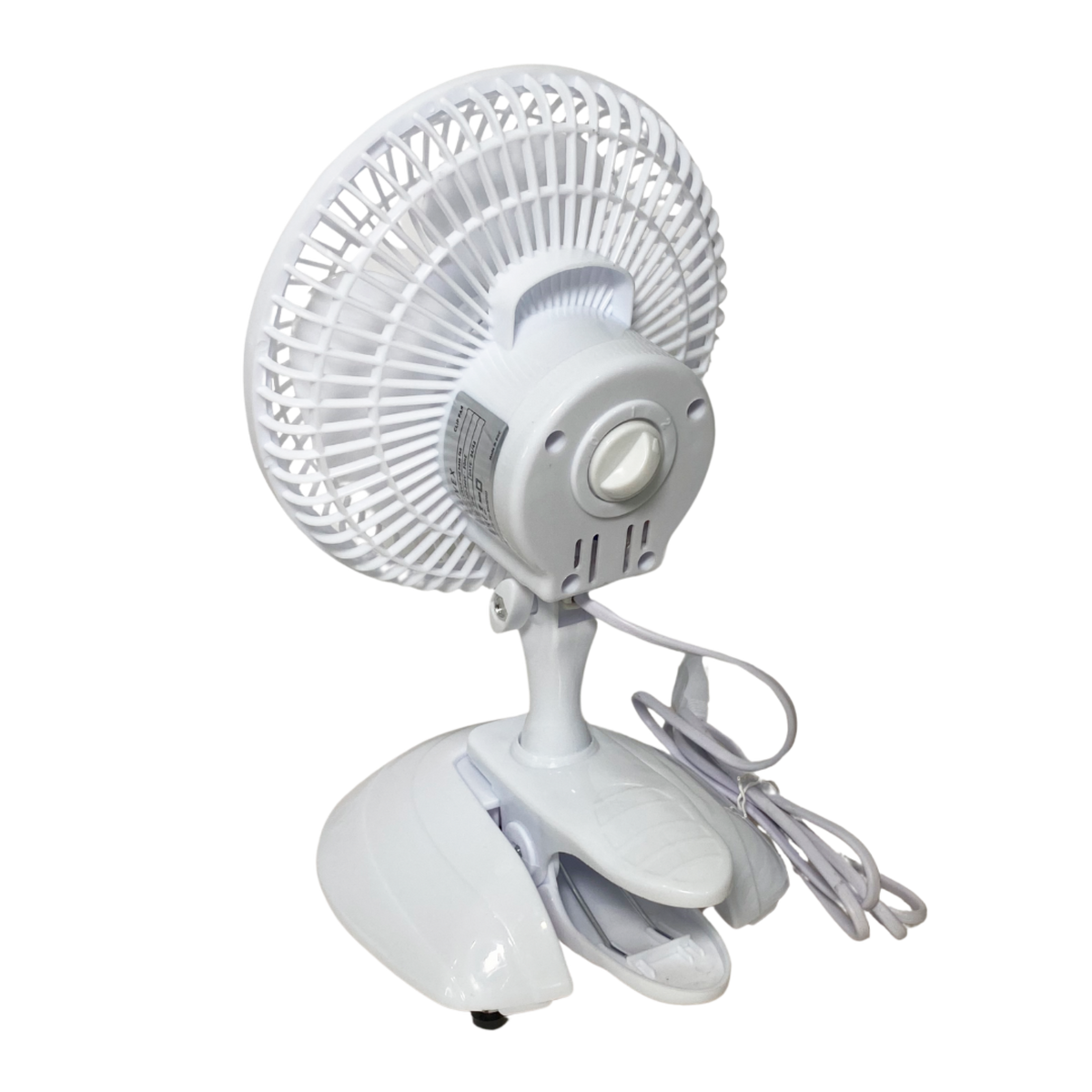 Weißer Clivex Clip-Ventilator mit Standfuß in Frontansicht