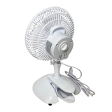 Weißer Clivex Clip-Ventilator mit Standfuß in Frontansicht