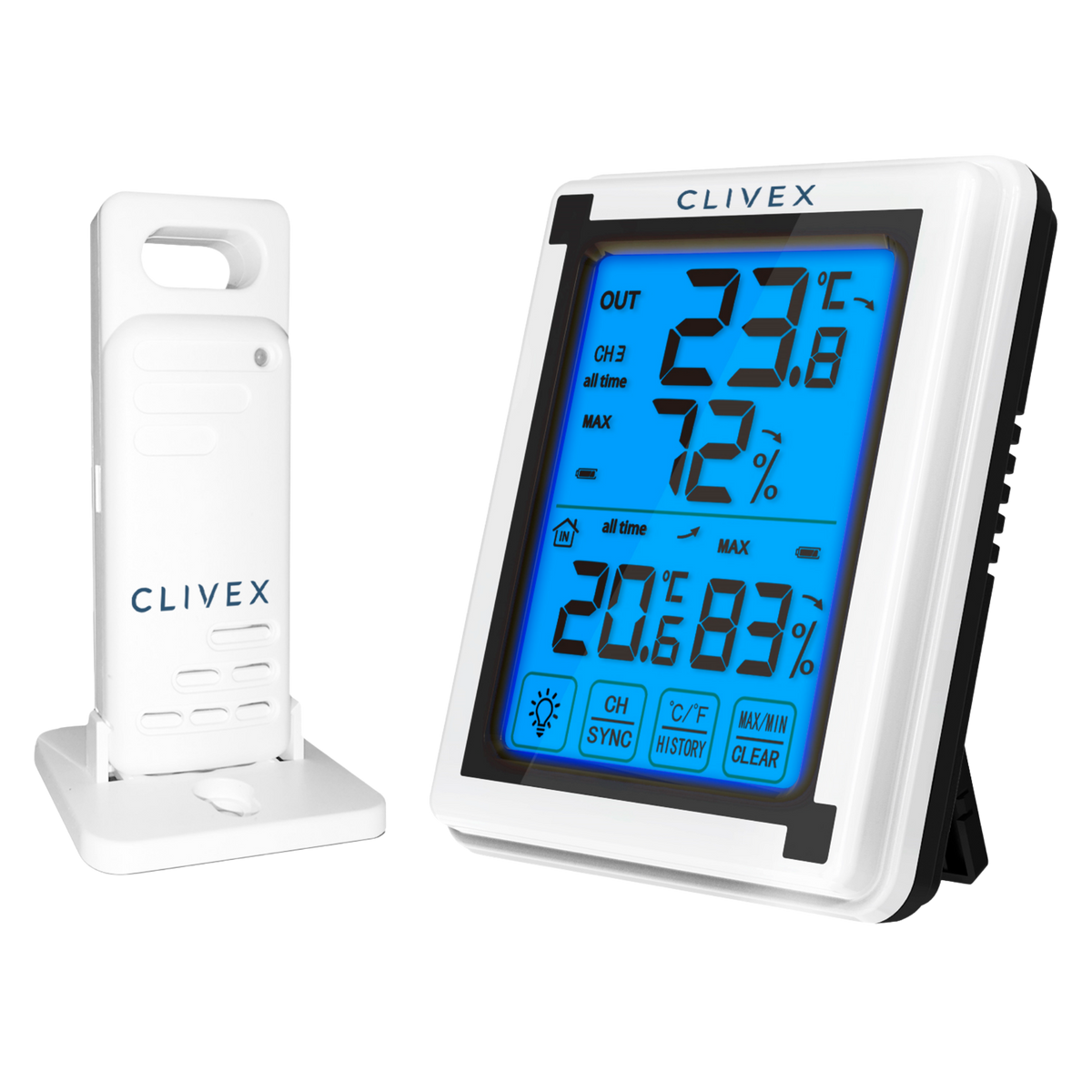 Clivex Climate Meter W mit beleuchtetem Display und kabellosem Temperatur- und Luftfeuchtigkeitssensor