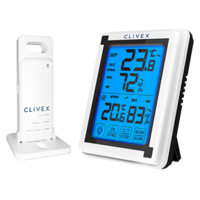 Clivex Climate Meter W mit beleuchtetem Display und kabellosem Temperatur- und Luftfeuchtigkeitssensor