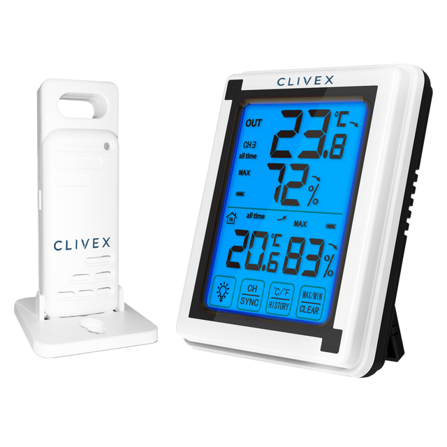 Clivex Climate Meter W mit beleuchtetem Display und kabellosem Temperatur- und Luftfeuchtigkeitssensor