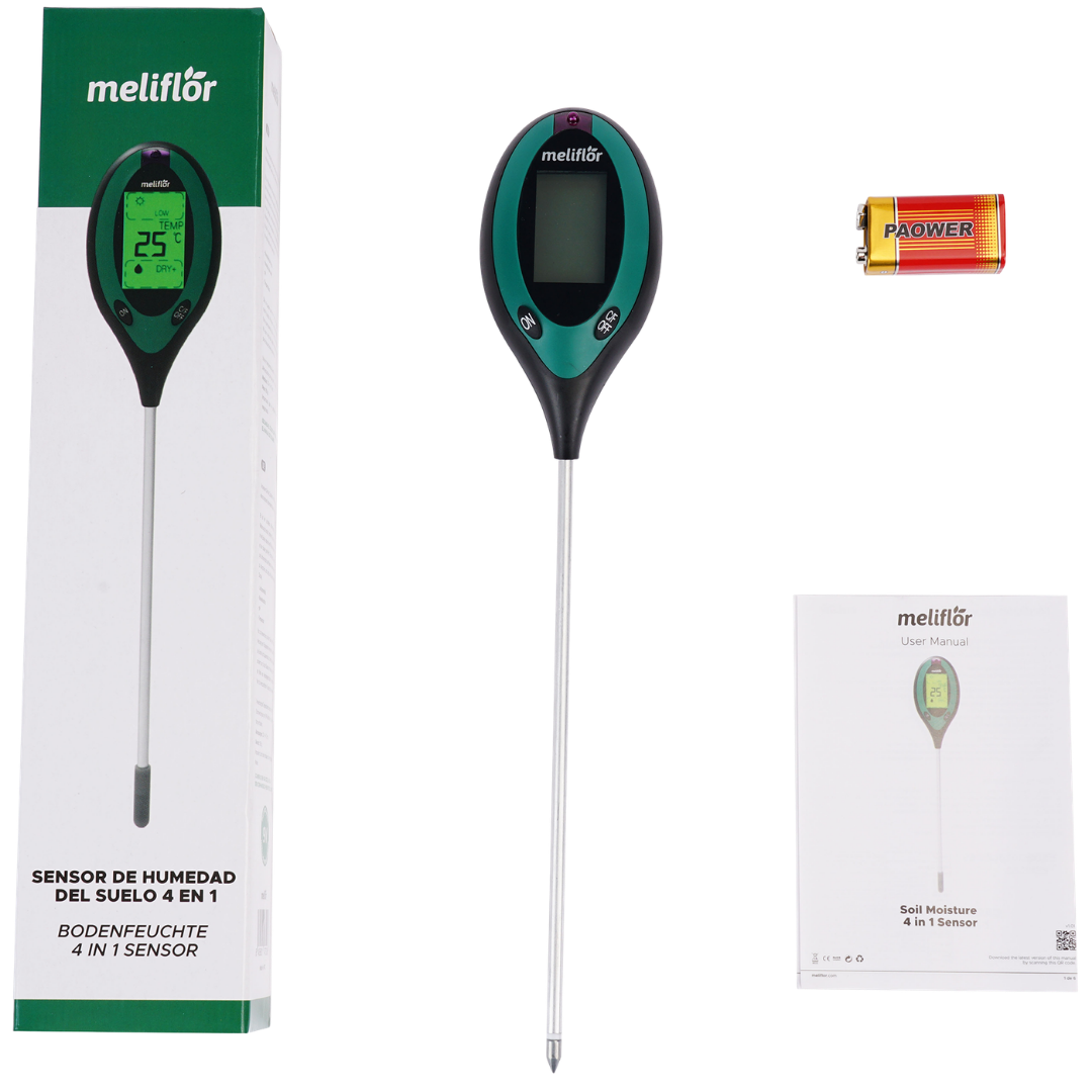 Meliflor 4-in-1 Bodenmessgerät Set mit Verpackung, Gerät, Batterie und Bedienungsanleitung
