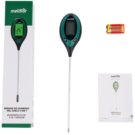 Meliflor 4-in-1 Bodenmessgerät Set mit Verpackung, Gerät, Batterie und Bedienungsanleitung