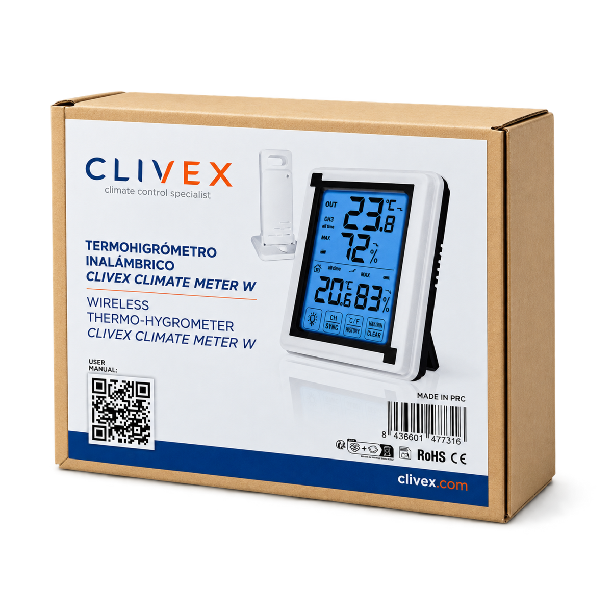 Verpackung des Clivex Climate Meter W Funk-Thermo-Hygrometers mit Display und Funksensor