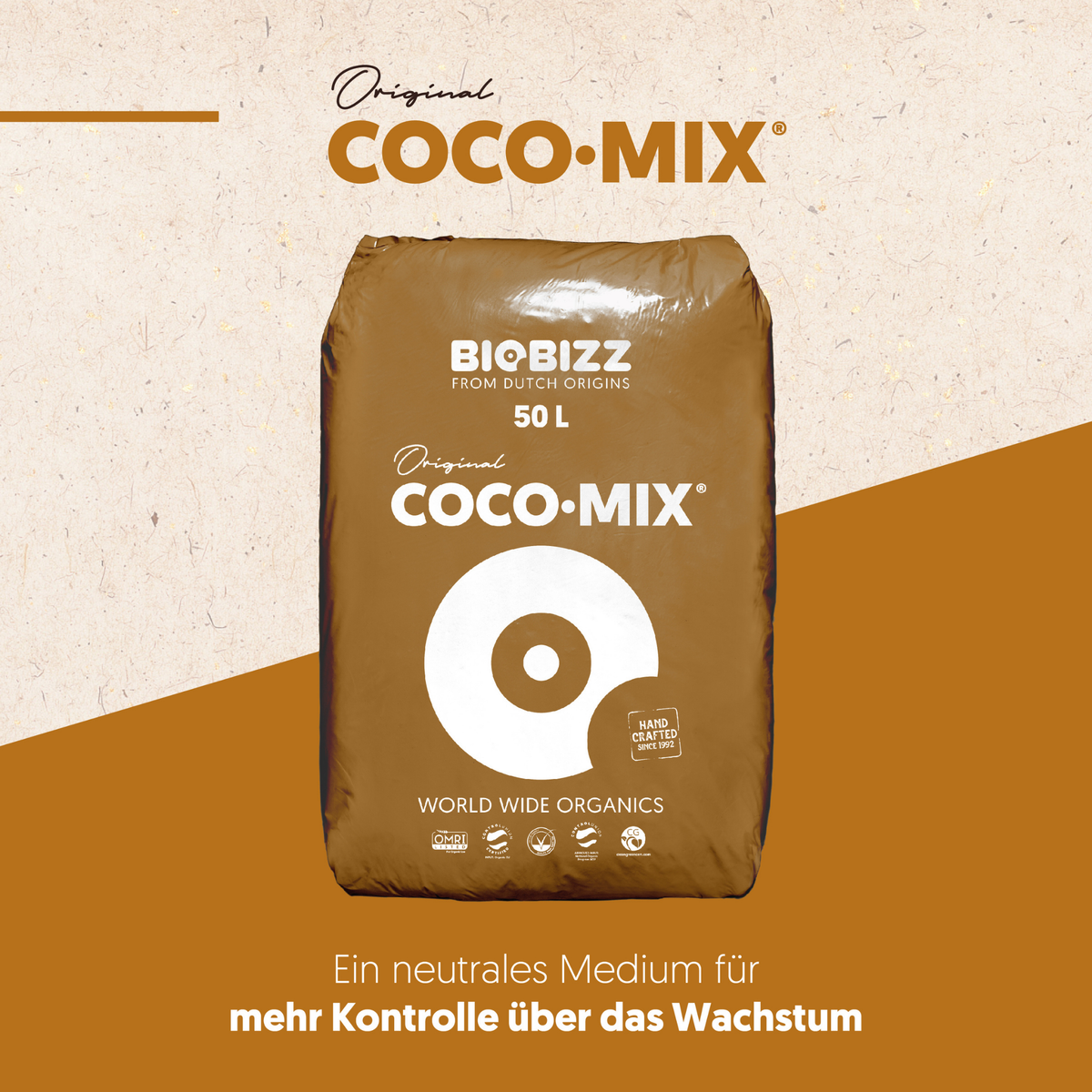 BioBizz Coco Mix 50 L auf beige-braunem Hintergrund mit Hinweis auf ein neutrales Medium für mehr Wachstumskontrolle