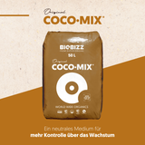 BioBizz Coco Mix 50 L auf beige-braunem Hintergrund mit Hinweis auf ein neutrales Medium für mehr Wachstumskontrolle