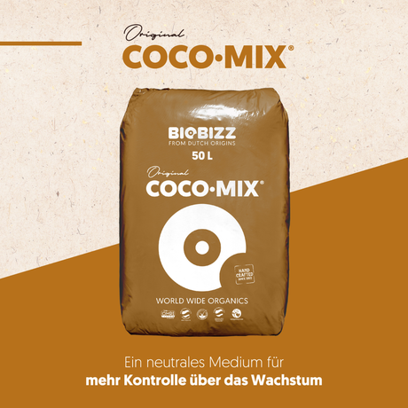 BioBizz Coco Mix 50 L auf beige-braunem Hintergrund mit Hinweis auf ein neutrales Medium für mehr Wachstumskontrolle