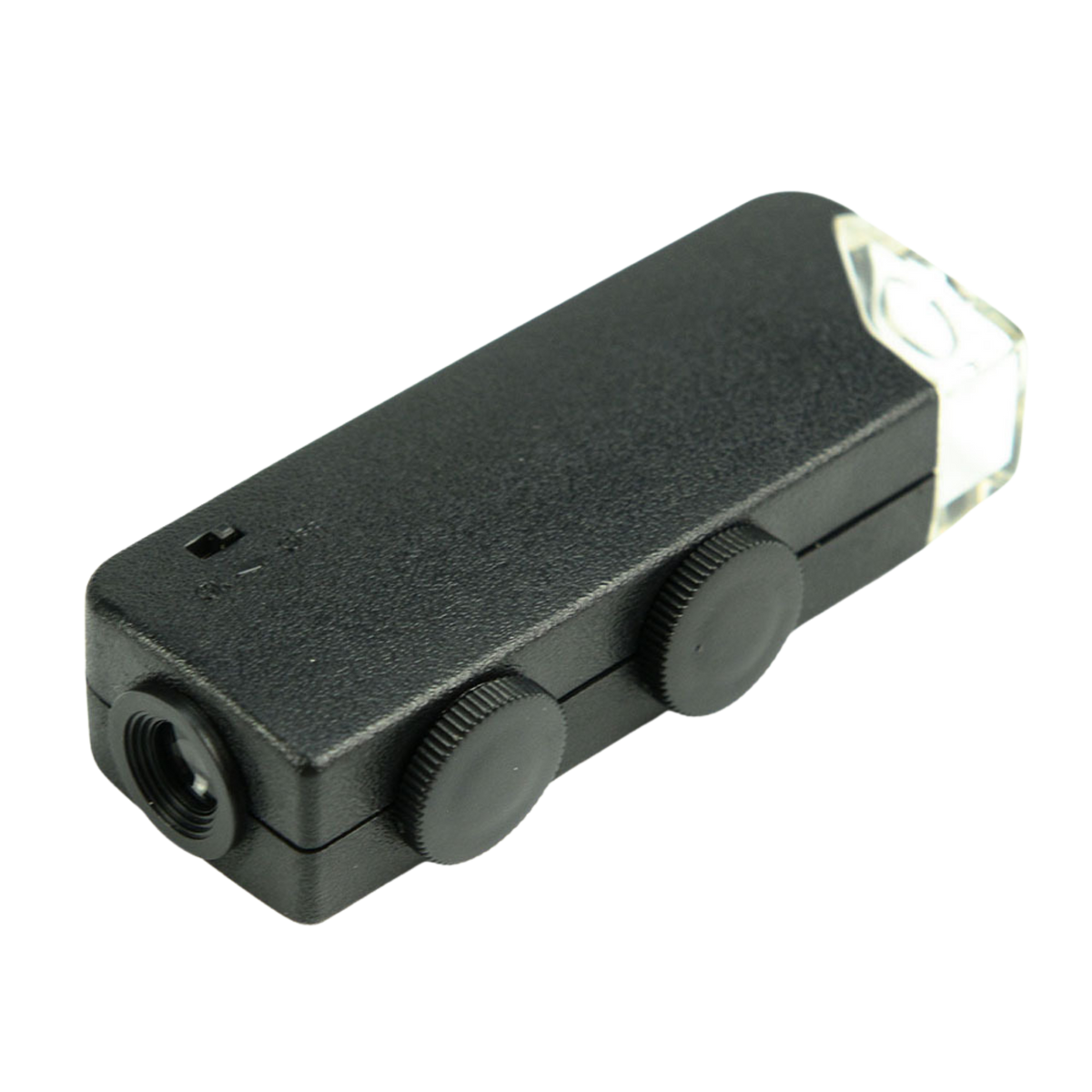 Rückseite des schwarzen Pure Factory LED-Mikroskops mit Einstellrädern und Schalter