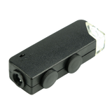 Rückseite des schwarzen Pure Factory LED-Mikroskops mit Einstellrädern und Schalter