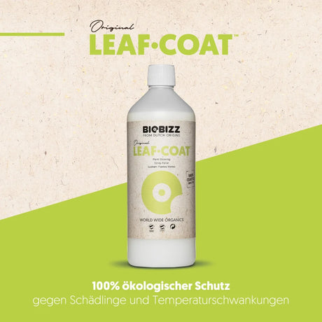 BioBizz Leaf-Coat Produktaufnahme mit Markenlogo und Werbetext zu organischem Schutz.