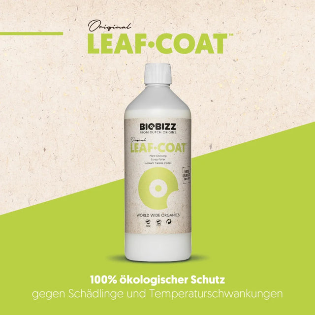 BioBizz Leaf-Coat Produktaufnahme mit Markenlogo und Werbetext zu organischem Schutz.