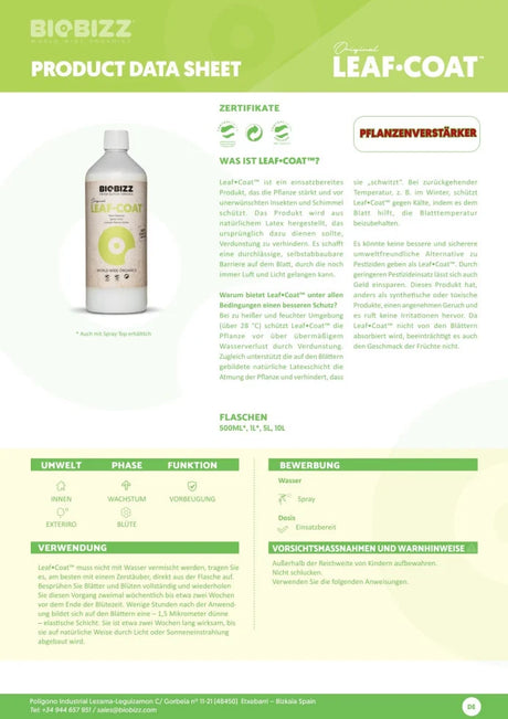 Produktdatenblatt von BioBizz Leaf-Coat mit Infos zu Anwendung, Funktion, Inhalt und Zertifikaten.