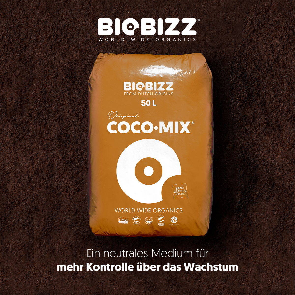 BioBizz Coco Mix 50 L vor dunklem Kokossubstrat mit Hinweis auf mehr Kontrolle über das Pflanzenwachstum