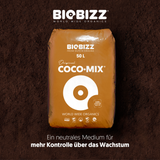BioBizz Coco Mix 50 L vor dunklem Kokossubstrat mit Hinweis auf mehr Kontrolle über das Pflanzenwachstum