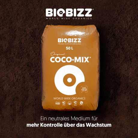 BioBizz Coco Mix 50 L vor dunklem Kokossubstrat mit Hinweis auf mehr Kontrolle über das Pflanzenwachstum