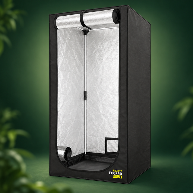 Offene schwarze Growbox mit reflektierender Innenwand.