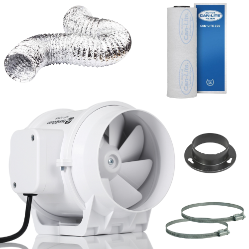 Abluft-Set für 80x80 cm Growboxen mit Can-Lite Aktivkohlefilter (300 m³/h), Rohrventilator (218 m³/h), Alu-Flexrohr und Schlauchklemmen. Effektive Geruchskontrolle, optimale Belüftung und flüsterleiser Betrieb für ideale Wachstumsbedingungen.