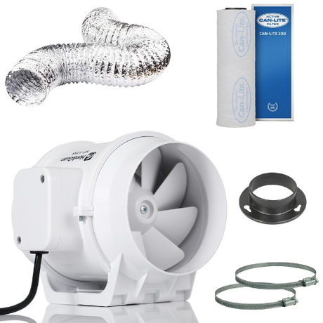 Abluft-Set für 80x80 cm Growboxen mit Can-Lite Aktivkohlefilter (300 m³/h), Rohrventilator (218 m³/h), Alu-Flexrohr und Schlauchklemmen. Effektive Geruchskontrolle, optimale Belüftung und flüsterleiser Betrieb für ideale Wachstumsbedingungen.