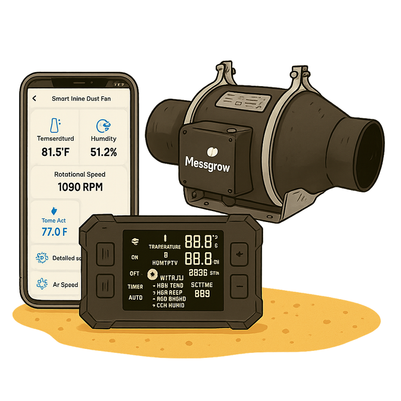 App-gesteuertes Abluft-Set von Messgrow bestehend aus Ventilator, Aktivkohlefilter, digitalem Controller und Smartphone-Anbindung – zur Steuerung von Temperatur, Luftfeuchtigkeit und Lüftergeschwindigkeit direkt über App oder manuell am Gerät.