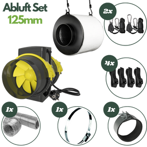 Abluftset 125 mm für Growbox mit Rohrventilator, Aktivkohlefilter, Alu-Flexrohr, Schellen und Aufhängung