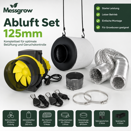 Messgrow 125mm Abluft Komplettset für Indoor Growing mit leisem Lüfter und hochwertigem Zubehör
