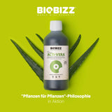 BioBizz Acti-Vera Infografik mit Aloe-vera-basierter Pflanzenpflege für vitale und kräftige Pflanzen