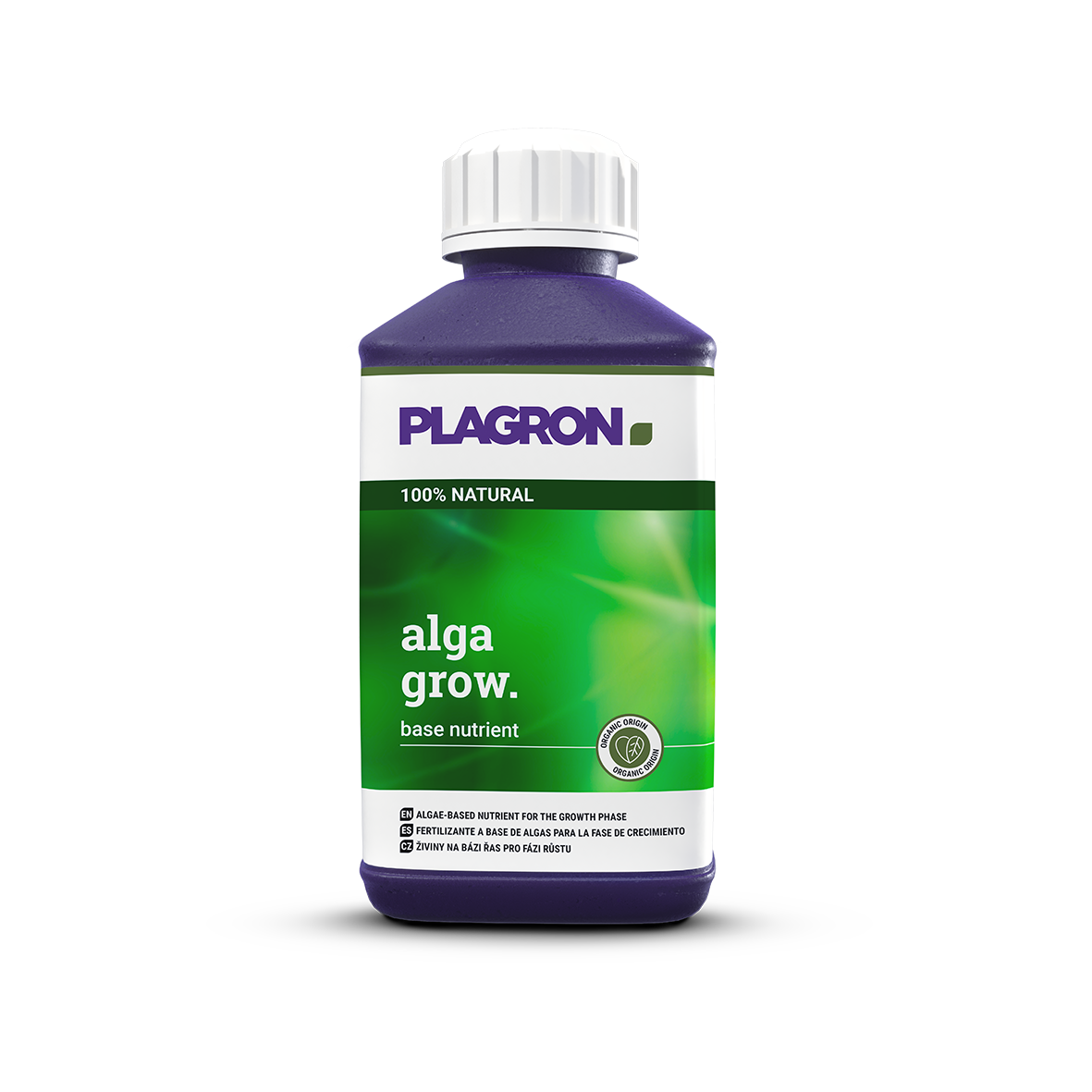 Plagron Alga Grow biologischer Wachstumsdünger in großer Flasche vor schwarzem Hintergrund
