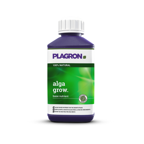 Plagron Alga Grow biologischer Wachstumsdünger in großer Flasche vor schwarzem Hintergrund