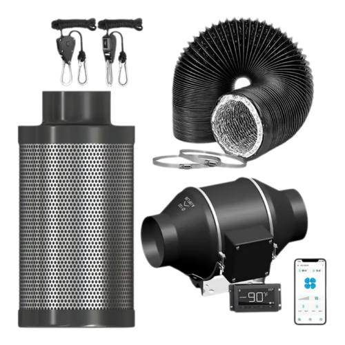 4 Zoll Rohrventilator mit Kohlefilter-Kit (30W, 3000 U/min, 212 CFM) für effiziente Belüftung in Hydroponik-Umgebungen. Geräuscharmer Betrieb (28 dB), WLAN-Steuerung, kompakt und langlebig für optimale Luftzirkulation und Geruchsbeseitigung.